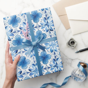 Papel De Presente Chá de Noiva com Flores Azuis e Brancas