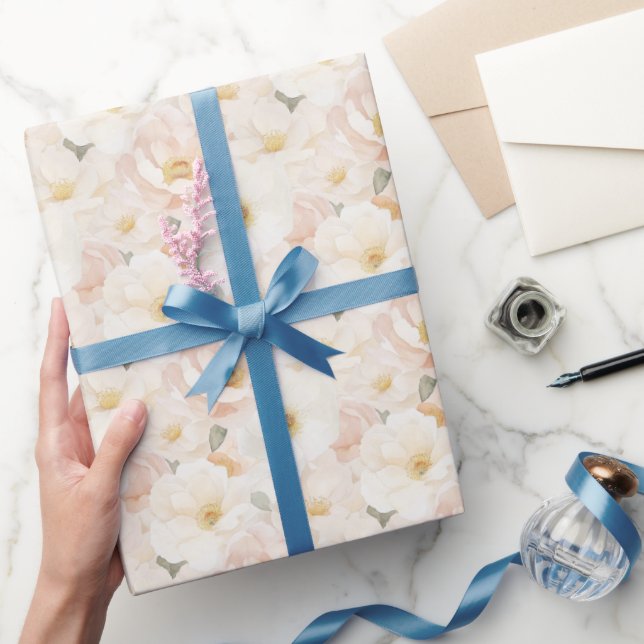 Papel De Presente Chá de Noiva com Flores Rosa Bege (Presentear)