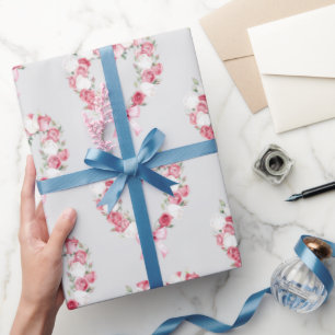 Papel De Presente Chá de Noiva Coração Floral Rosa Bege Cinza  