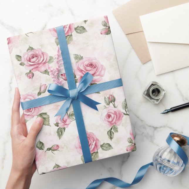 Papel De Presente Chá de Noiva de Rosas Rosa Floral (Presentear)