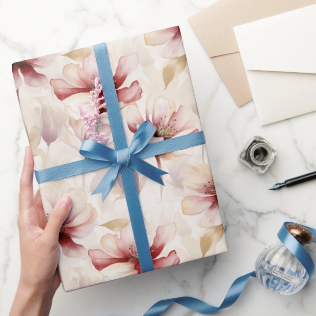 Papel De Presente Chá de Noiva Floral Creme Vermelho Borgonha (Presentear)