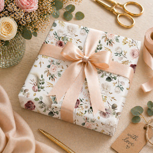 Papel De Presente Chá de Noiva Floral Marfim e Borgonha para Outono