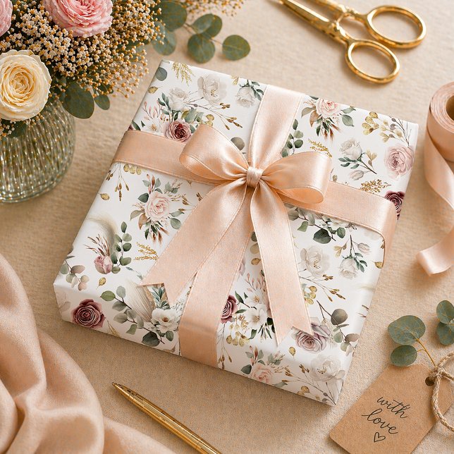 Papel De Presente Chá de Noiva Floral Marfim e Borgonha para Outono (Floral wrapping paper)