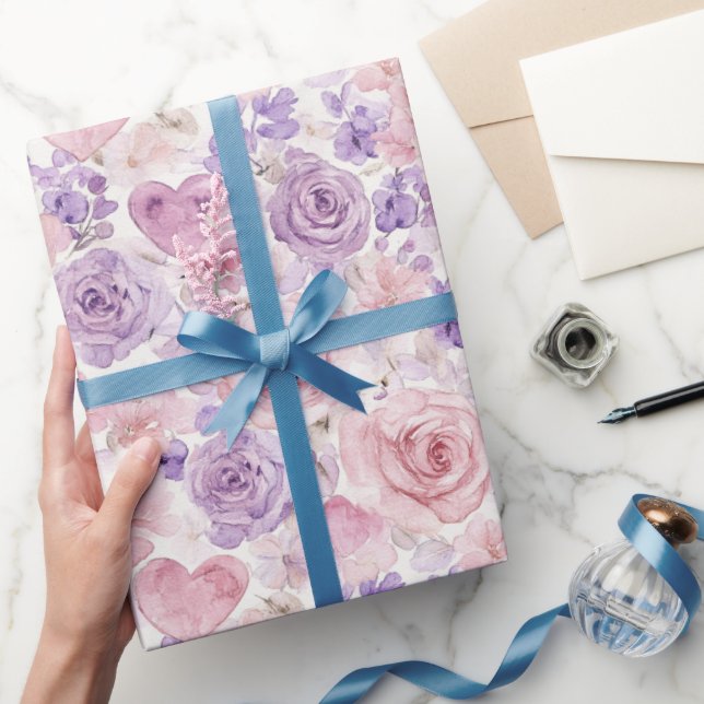Papel De Presente Chá de Noiva Flores Corações Roxos Rosas (Presentear)