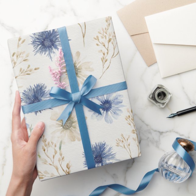 Papel De Presente Chá de Noiva Flores Creme Azul (Presentear)