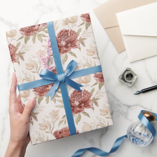 Papel De Presente Chá de Noiva Flores Vermelho Creme (Presentear)