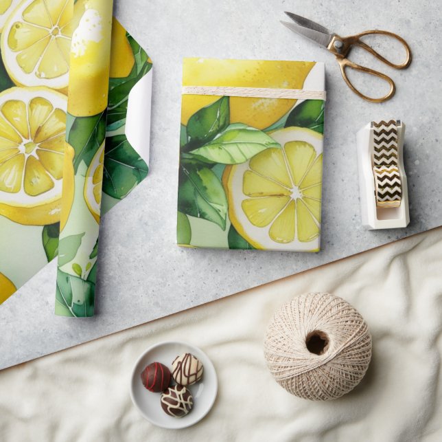 Papel De Presente Chá de panela de guião floral azul-limão moderno (Artesanato)