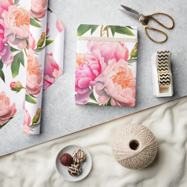 Papel De Presente Chá de panela Floral de Peonies Rosa (Artesanato)