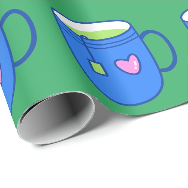 Papel De Presente Chá Verde Matcha no Padrão Brilhante Azul de Mug (Ponta do rolo)