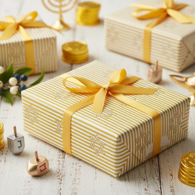 Papel De Presente Chama de Vela Listrada Amarela Estrela Judaica de  (Jewish Gold Star Striped Candle Flame Yellow & White Pattern for Hanukkah, Bat Mitzvah, Mazel Tov)