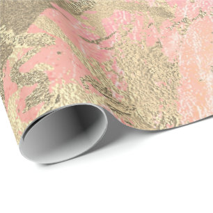 Papel De Presente Chanfro Rosa Dourado Marble Peach Traço Metálico