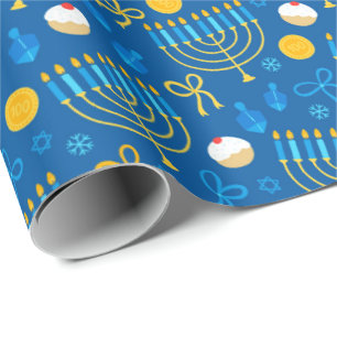 Papel De Presente Chanukah Menorah Gelt Dreidel Azul