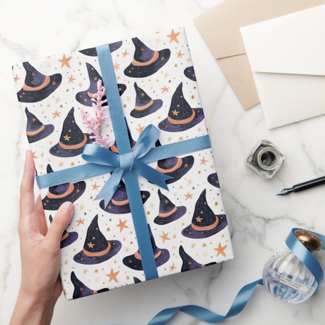 Papel De Presente Chapéu de Bruxa Mística & Estrelas de Halloween  (Presentear)