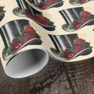 Papel De Presente Chapéu Steampunk com Natal de Rosas vermelhas