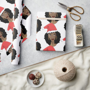 Papel De Presente Chapéu Vermelho Natal, Mulher Negra, Cabelo Natur