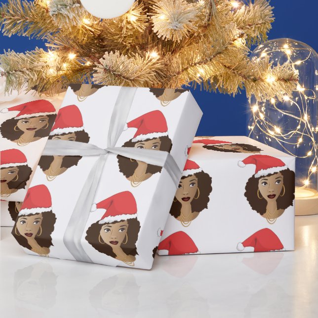 Papel De Presente Chapéu Vermelho Natal, Mulher Negra, Cabelo Natura (Feriados)