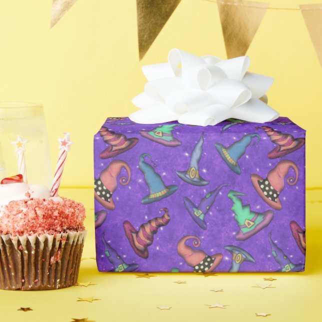 Papel De Presente Chapéus de Bruxa de Halloween em Roxo  (Festa de aniversário)