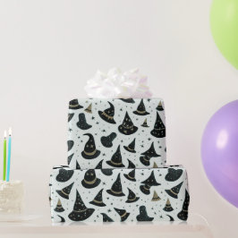 Papel De Presente Chapéus de Bruxa Preto e Dourado Estrelas Verde Ha