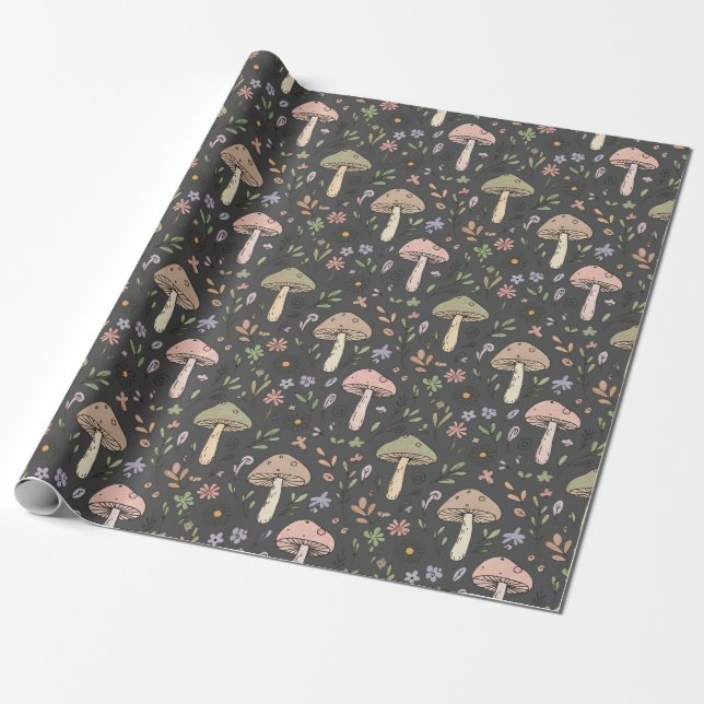 Papel De Presente Charcoal Gray Earthy Fungi Seamless Pattern (Desenrolado)