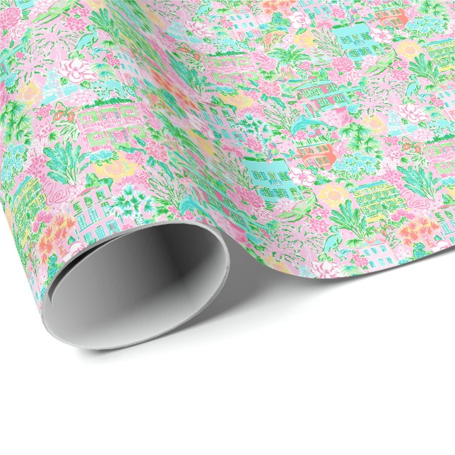 Papel De Presente Charleston Pastel Preppy Palm Beach Pattern Print (Ponta do rolo)