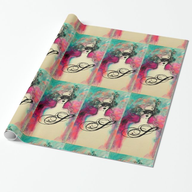 Papel De Presente CHARM/Lady Com Máscara Monograma Verde-Rosa-Rosa (Desenrolado)
