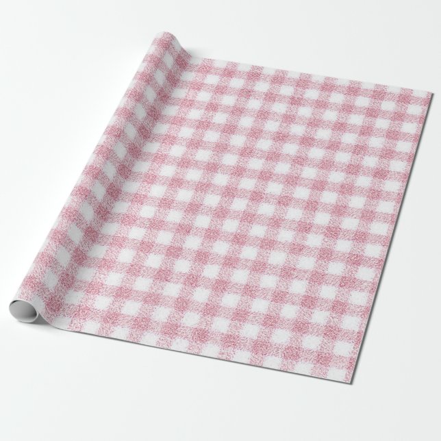 Papel De Presente Charme de Xadrez Rosa e Branco Aveludado (Desenrolado)