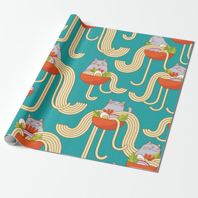 Papel De Presente Chatos de macarrão e gatos engraçados. Noodles com (Desenrolado)