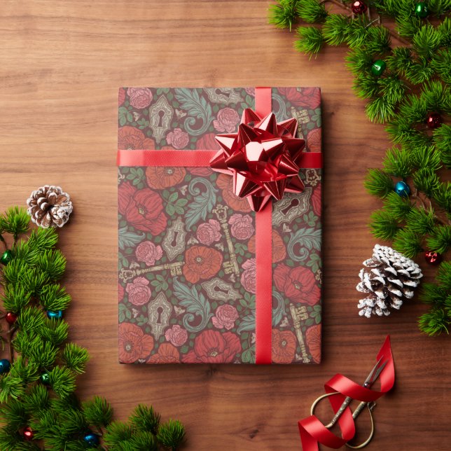 Papel De Presente Chave Antiga Steampunk Vitoriana com Papoulas Verm (Presente de Natal)