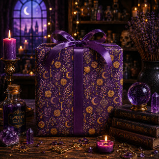 Papel De Presente Chave de Lua de Cristal Dourado Místico Roxo Fundo