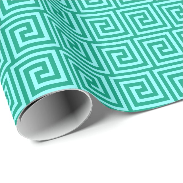 Papel De Presente Chave grega, turquesa e aqua (Ponta do rolo)