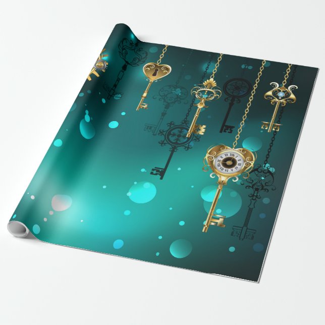 Papel De Presente Chaves de Esqueleto Anticas em Fundo Verde (Desenrolado)