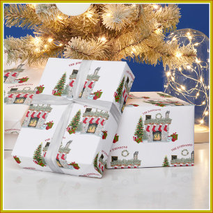 Papel De Presente Cheerful Christmas Scene Fireplace Family Name