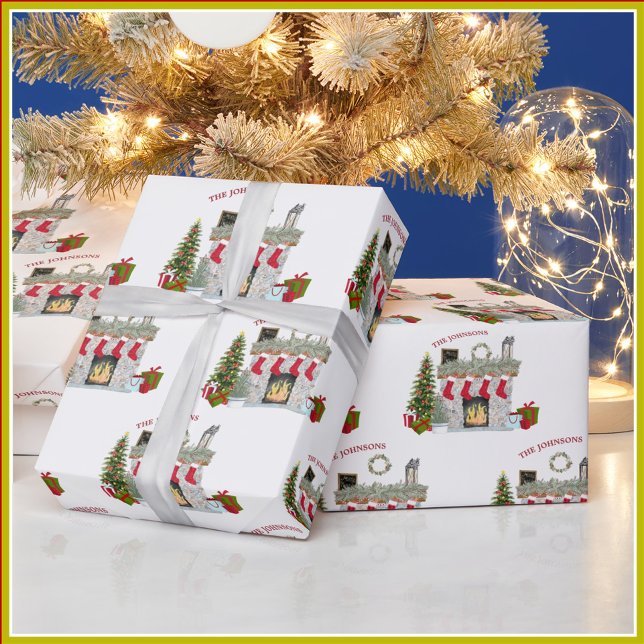 Papel De Presente Cheerful Christmas Scene Fireplace Family Name (Criador carregado)