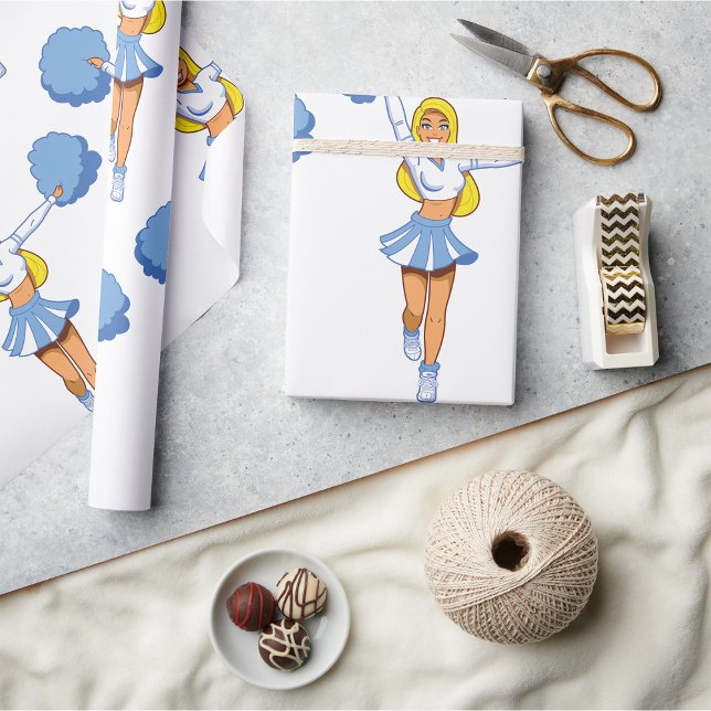 Papel De Presente Cheerleader Com Poms Azuis (Criador carregado)