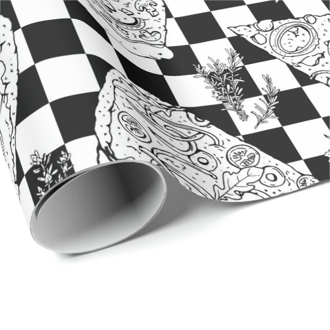 Papel De Presente Chef Checkerboard Black White Pizza Padrão (Ponta do rolo)