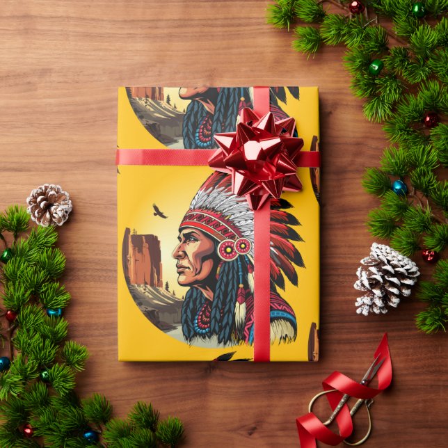 Papel De Presente Chefe Americano Nativo na paisagem selvagem Sunset (Presente de Natal)