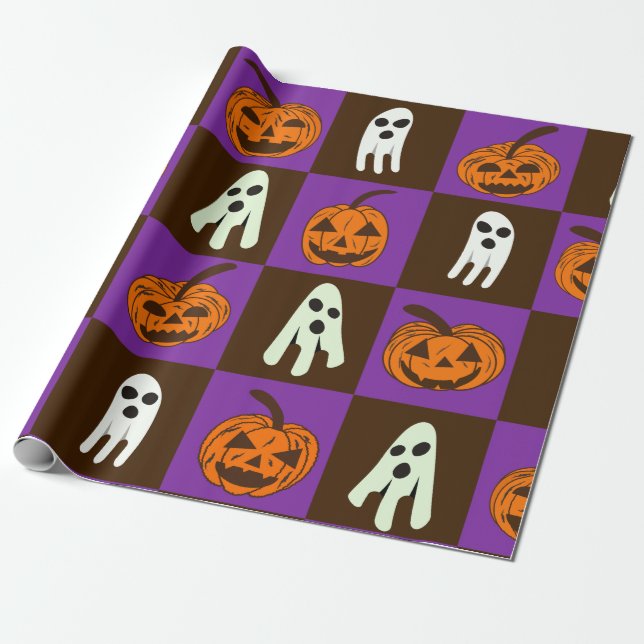 Papel De Presente Cheio de "Spooky Halloween Pumpkins" e "Fantasmas" (Desenrolado)