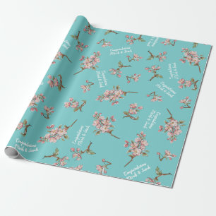 Papel De Presente Cherry Blossom Teal Retro Vintage Chá de fraldas