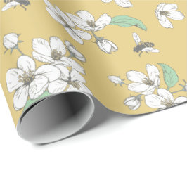 Papel De Presente Cherry Blossomas e Abelhas Satin Dourado sem costu