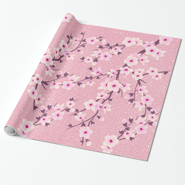 Papel De Presente Cherry Blossomo Rosa Brilhante (Desenrolado)