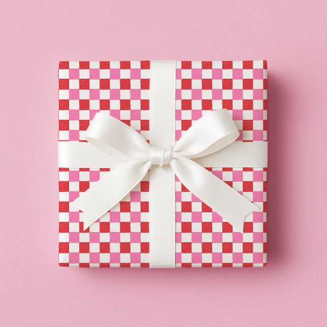 Papel De Presente Cherry Red and Pink Watercolor Checkerboard  (Everyday Gifting)