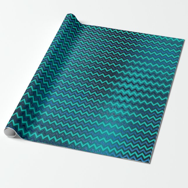 Papel De Presente Chevron Zig Zag Turquesa Azul Marinho Metálico Mus (Desenrolado)