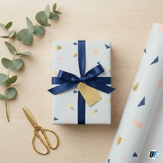 Papel De Presente Chic Abstract Terrazzo Faux Gold Foil & Navy Blue  (Criador carregado)