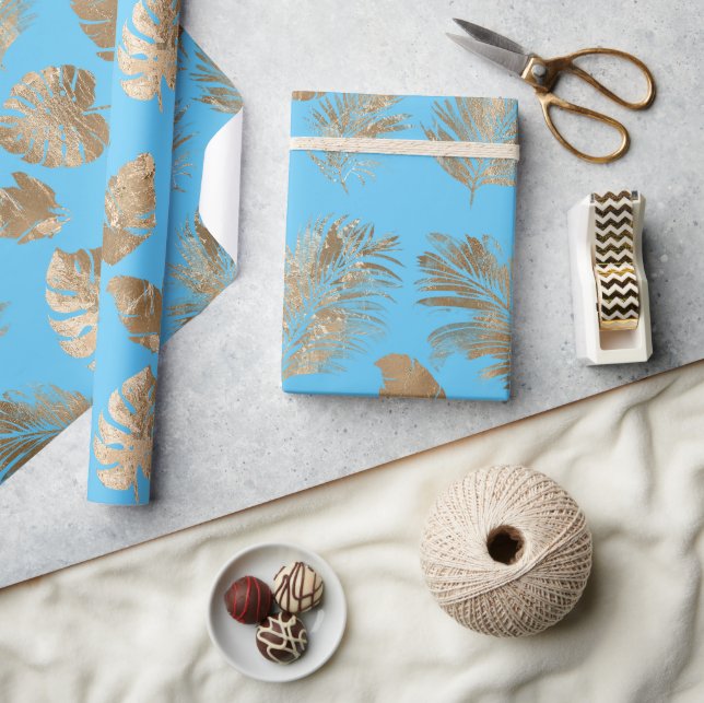 Papel De Presente Chic Aqua Blue Dourado Folhas Tropicais (Artesanato)