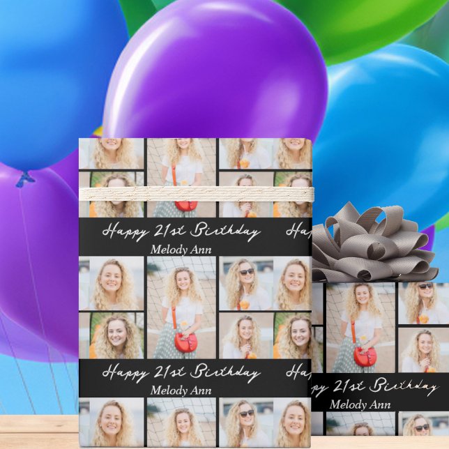 Papel De Presente Chic Black Happy Birthday Photo Collage (Criador carregado)