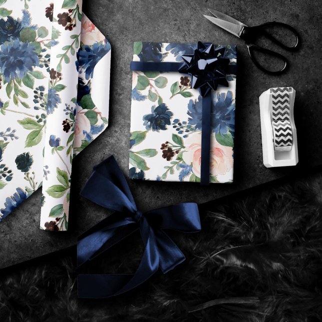 Papel De Presente Chic Blooms | Padrão Floral Marinho Azul e Escamud (Criador carregado)
