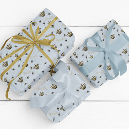 Papel De Presente Chic Blue Dourado Coroa Rainha Bee