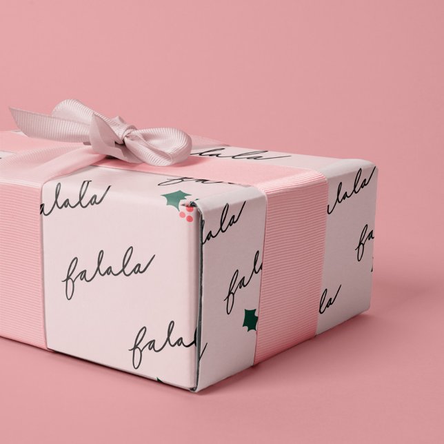 Papel De Presente Chic Fa La Hand - Letra Rosa Festiva Holly (Chic Fa La La Hand Lettering Pink Festive Holly Wrapping Paper)
