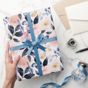 Papel De Presente Chic Flores Rosa Azul Chuveiro de Noiva