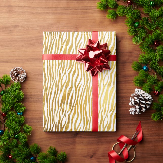 Papel De Presente Chic Glam Dourada Zebra Branca (Presente de Natal)